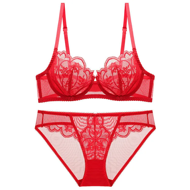 Women's Lace Bra With Thin Cups Breathable and Comfortable Push-up Big Breasts Slim Back Shoulder Strap Underwear Set